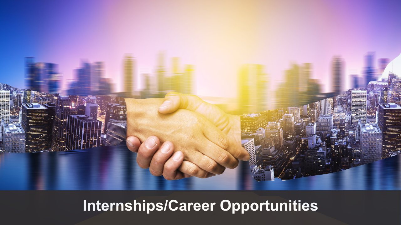 City skyline with banner text that reads "Internships/Career Opportunities."